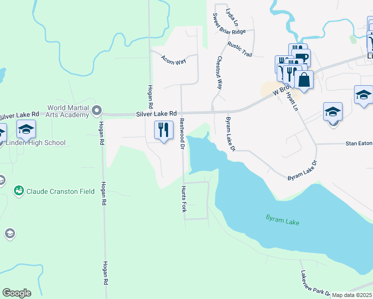 map of restaurants, bars, coffee shops, grocery stores, and more near 15081 Restwood Drive in Linden