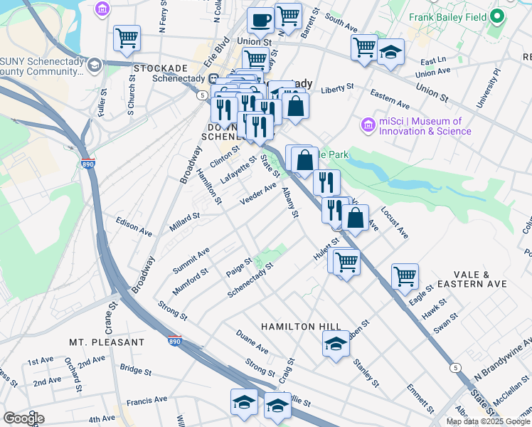 map of restaurants, bars, coffee shops, grocery stores, and more near 327 Georgetta Dix Plaza in Schenectady