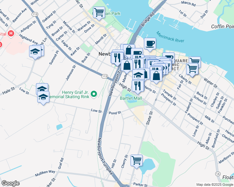 map of restaurants, bars, coffee shops, grocery stores, and more near 12 Auburn Street in Newburyport