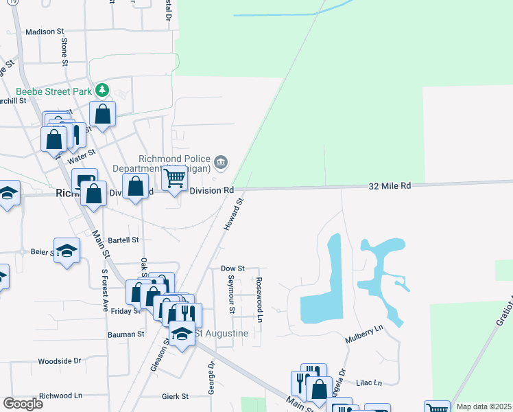 map of restaurants, bars, coffee shops, grocery stores, and more near 36984 Division Rd in Richmond