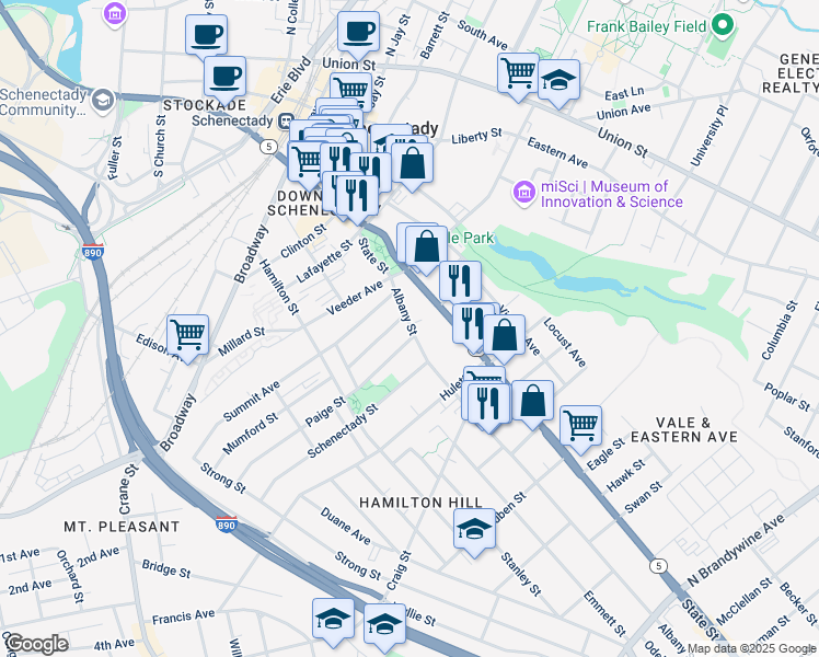 map of restaurants, bars, coffee shops, grocery stores, and more near 738 Albany St in Schenectady