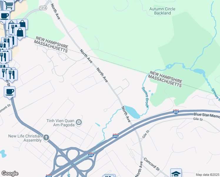 map of restaurants, bars, coffee shops, grocery stores, and more near 445 North Avenue in Haverhill