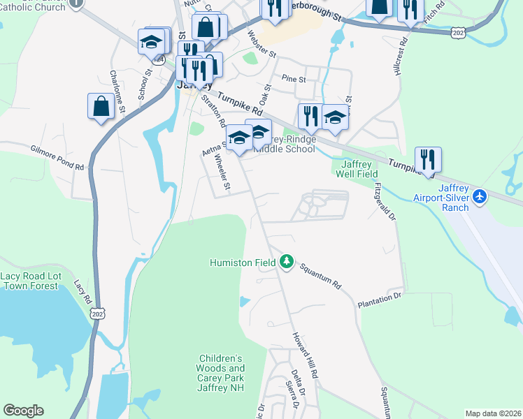 map of restaurants, bars, coffee shops, grocery stores, and more near 93 Stratton Road in Jaffrey