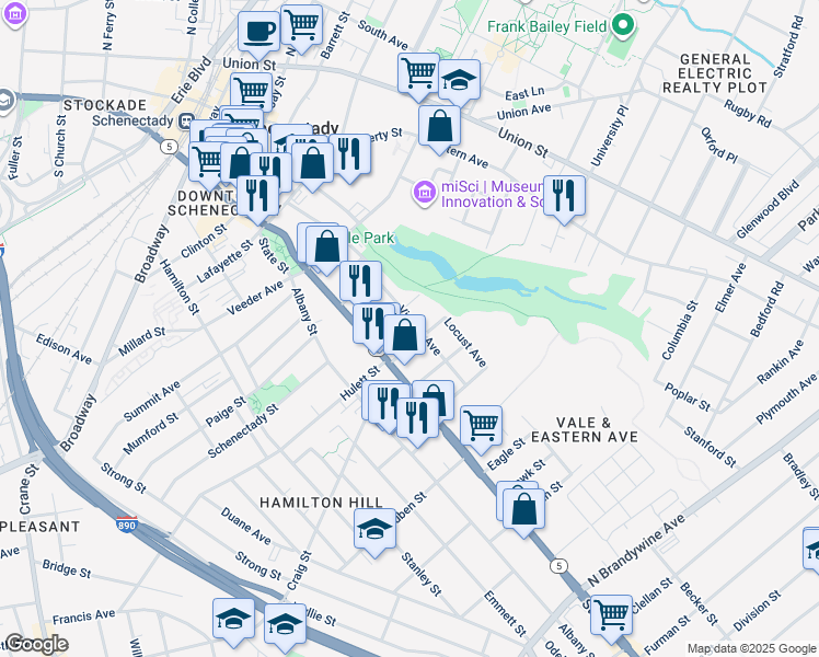 map of restaurants, bars, coffee shops, grocery stores, and more near 219 Victory Avenue in Schenectady