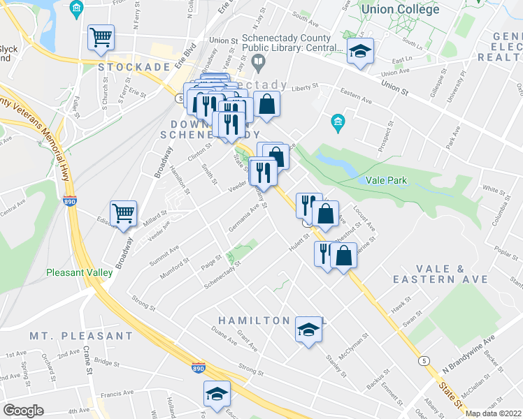 map of restaurants, bars, coffee shops, grocery stores, and more near 738 Albany Street in Schenectady