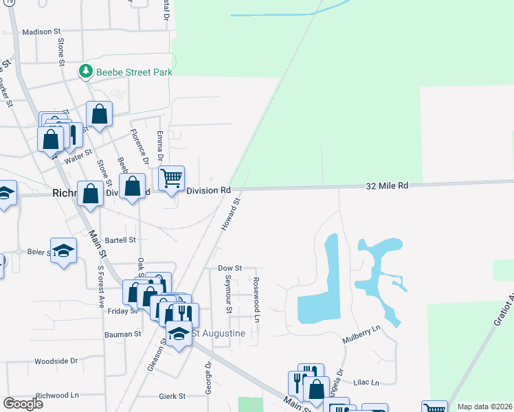 map of restaurants, bars, coffee shops, grocery stores, and more near 36984 Division Road in Richmond