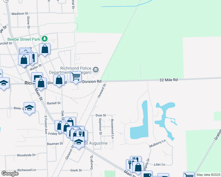 map of restaurants, bars, coffee shops, grocery stores, and more near 36984 Division Road in Richmond