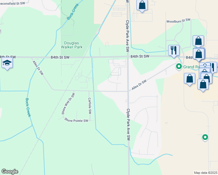 map of restaurants, bars, coffee shops, grocery stores, and more near 907 Alles Drive Southwest in Byron Center