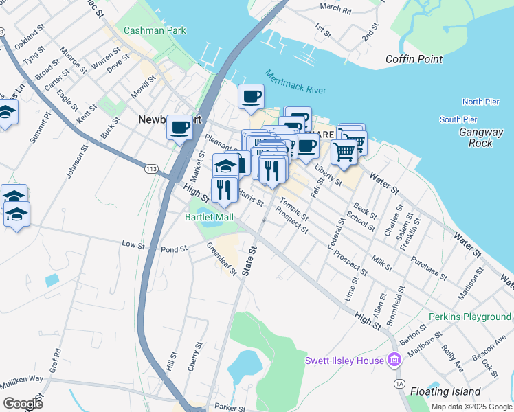 map of restaurants, bars, coffee shops, grocery stores, and more near 1 Harris Street in Newburyport