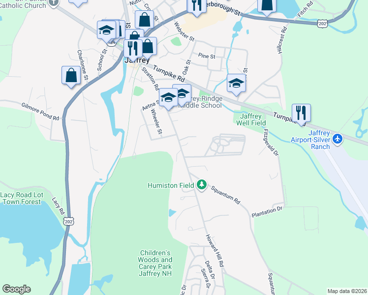 map of restaurants, bars, coffee shops, grocery stores, and more near 93 Stratton Road in Jaffrey