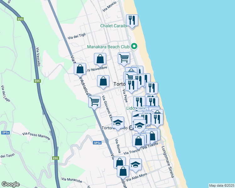 map of restaurants, bars, coffee shops, grocery stores, and more near 12 Via Lampedusa in Tortoreto Lido