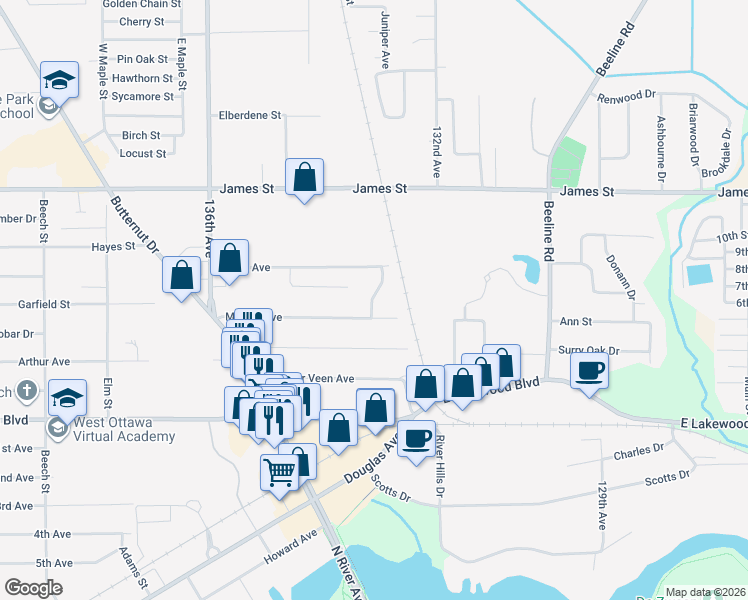 map of restaurants, bars, coffee shops, grocery stores, and more near 367 Timbertrail Drive in Holland