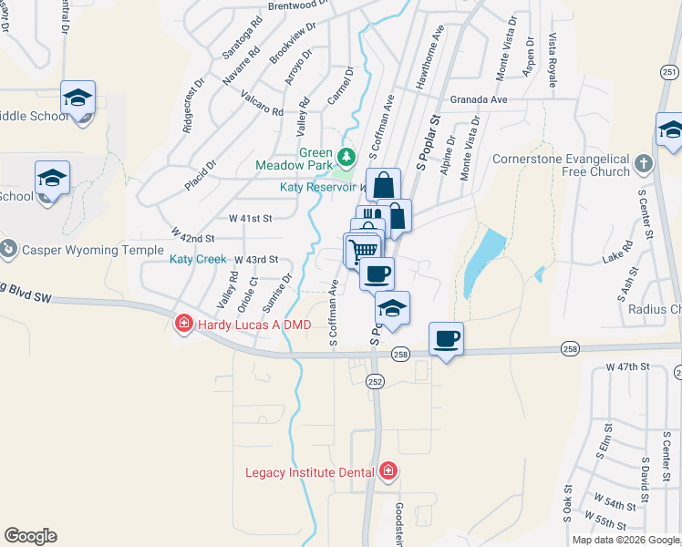 map of restaurants, bars, coffee shops, grocery stores, and more near 4313 Coffman Court in Casper
