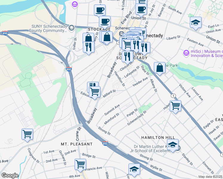 map of restaurants, bars, coffee shops, grocery stores, and more near 432 Millard Street in Schenectady