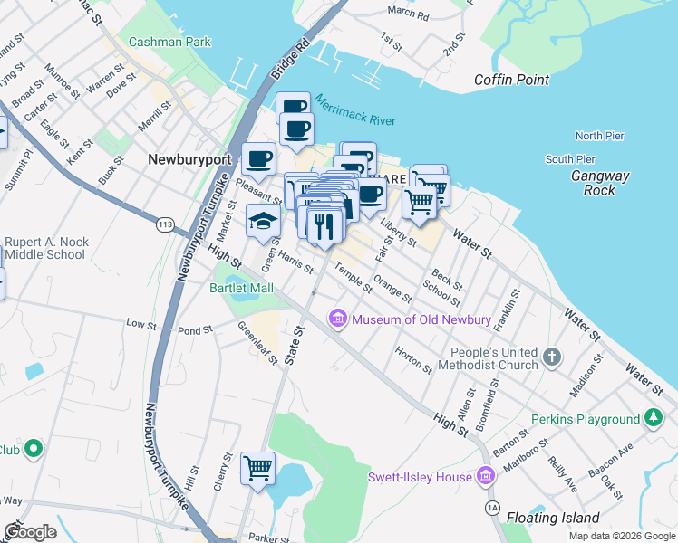 map of restaurants, bars, coffee shops, grocery stores, and more near 5 Prospect Street in Newburyport