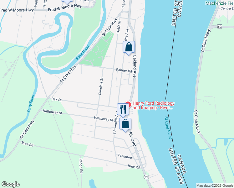 map of restaurants, bars, coffee shops, grocery stores, and more near 1637 South Riverside Avenue in Saint Clair