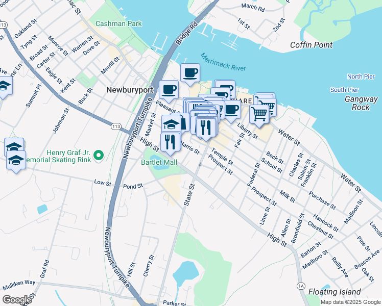 map of restaurants, bars, coffee shops, grocery stores, and more near 1 Harris Street in Newburyport