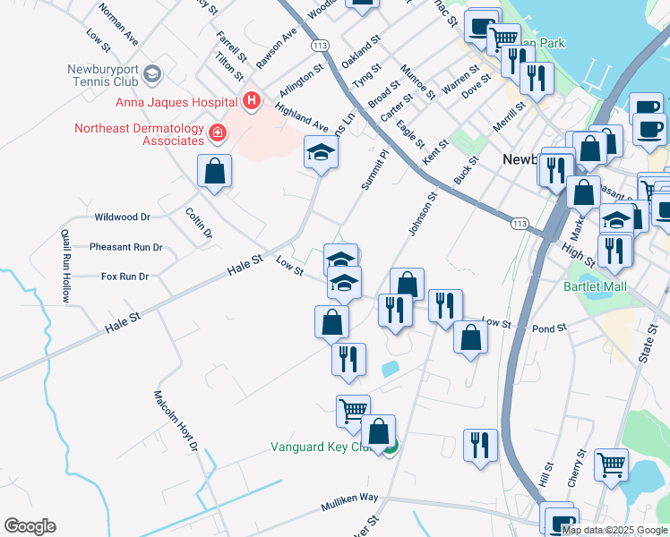 map of restaurants, bars, coffee shops, grocery stores, and more near 70 Low Street in Newburyport