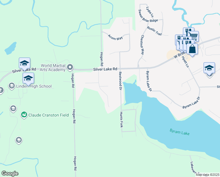 map of restaurants, bars, coffee shops, grocery stores, and more near 6401 Woodbrook Road in Linden