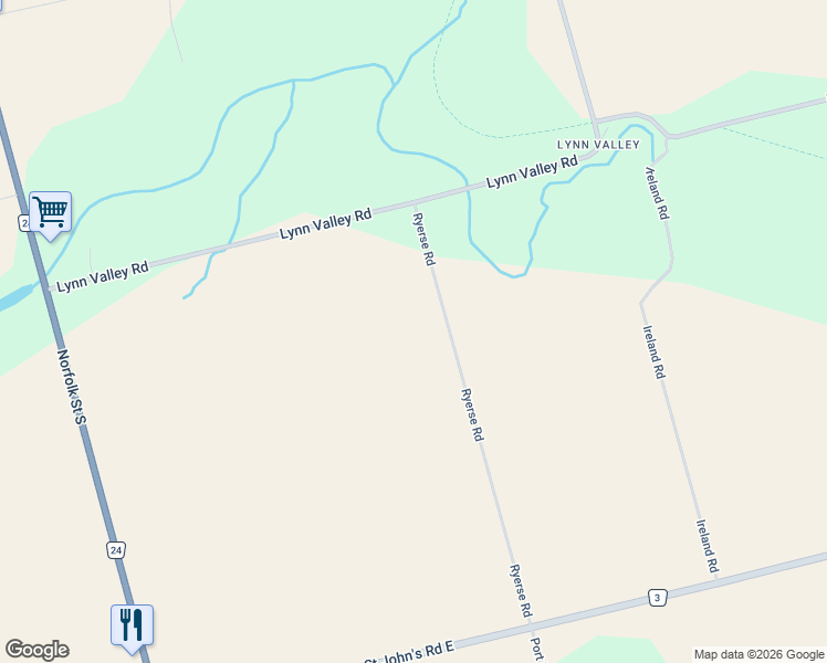 map of restaurants, bars, coffee shops, grocery stores, and more near 91 Ryerse Road in Simcoe