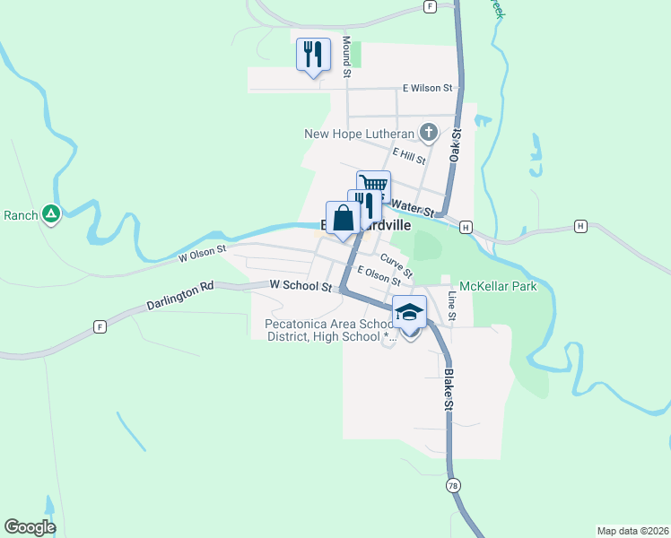 map of restaurants, bars, coffee shops, grocery stores, and more near 607 South Main Street in Blanchardville