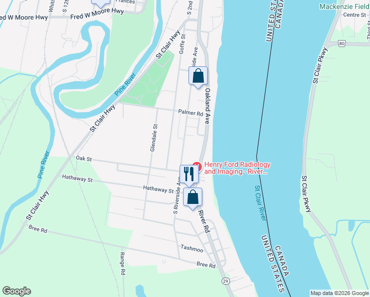 map of restaurants, bars, coffee shops, grocery stores, and more near 1637 South Riverside Avenue in Saint Clair