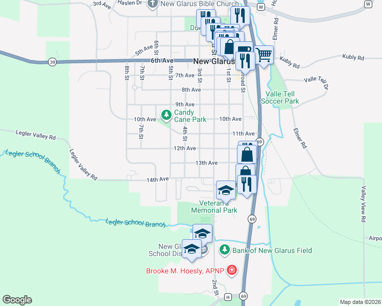 map of restaurants, bars, coffee shops, grocery stores, and more near 306 13th Avenue in New Glarus