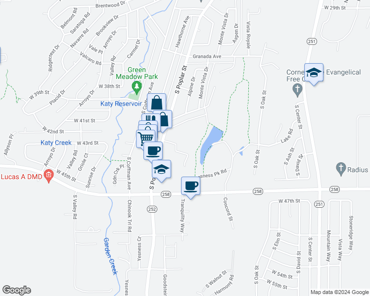 map of restaurants, bars, coffee shops, grocery stores, and more near 1261 Boulder Drive in Casper