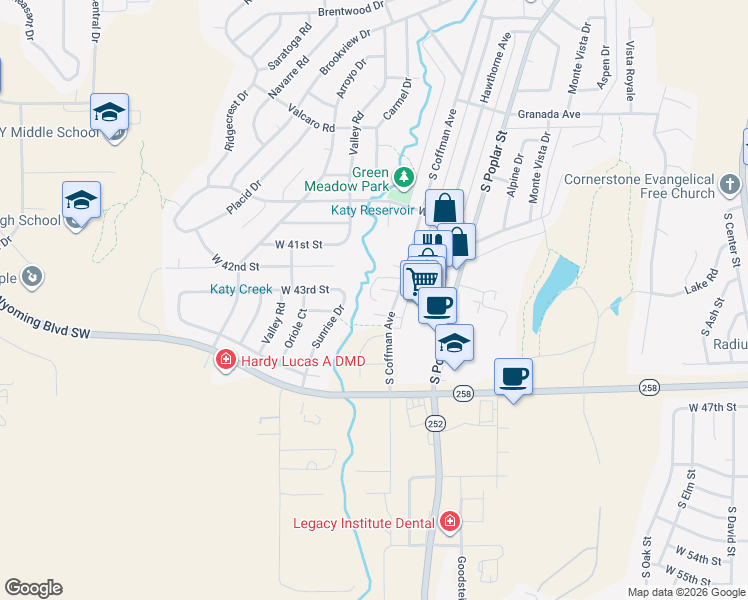 map of restaurants, bars, coffee shops, grocery stores, and more near 4313 Coffman Court in Casper