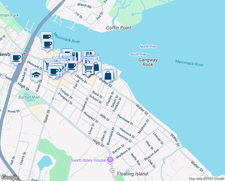 map of restaurants, bars, coffee shops, grocery stores, and more near 12 Charles Street in Newburyport