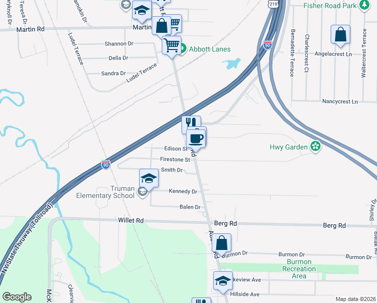 map of restaurants, bars, coffee shops, grocery stores, and more near 176 Firestone Street in Lackawanna