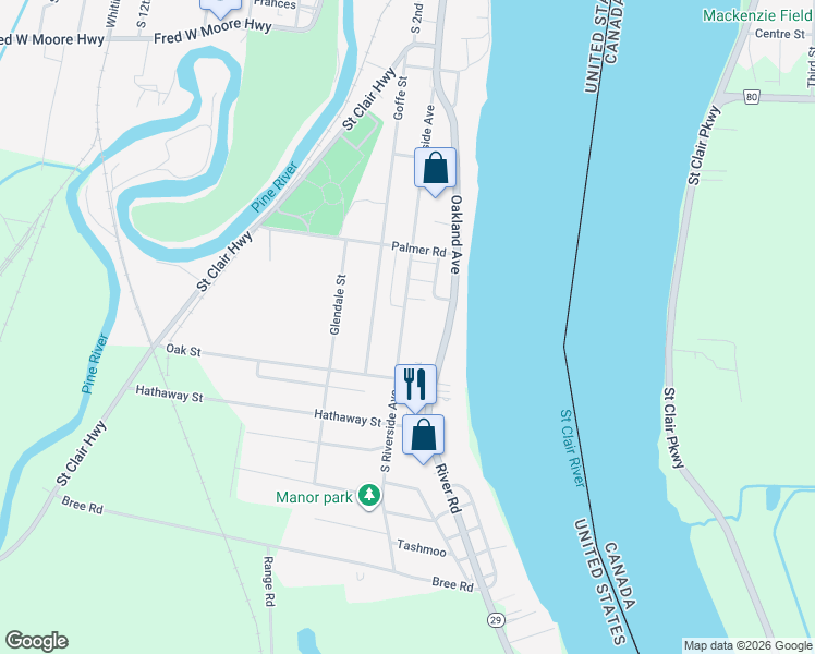 map of restaurants, bars, coffee shops, grocery stores, and more near 1637 South Riverside Avenue in Saint Clair
