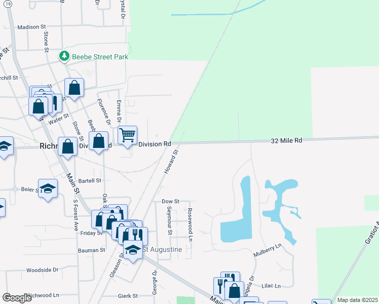 map of restaurants, bars, coffee shops, grocery stores, and more near 36984 Division Road in Richmond