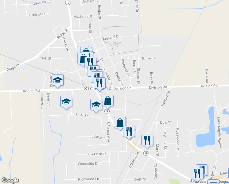 map of restaurants, bars, coffee shops, grocery stores, and more near 36040 Division Road in Richmond