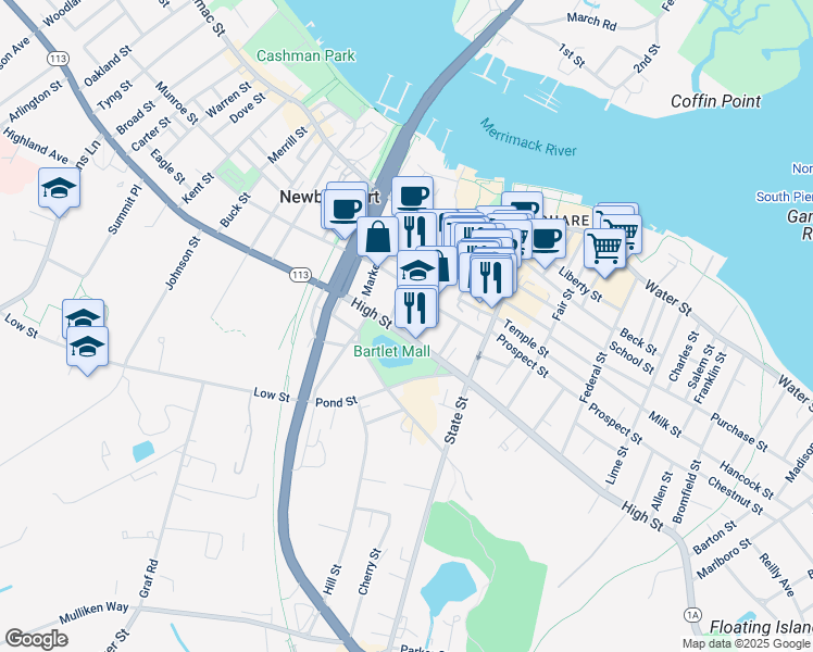 map of restaurants, bars, coffee shops, grocery stores, and more near 138 High Street in Newburyport