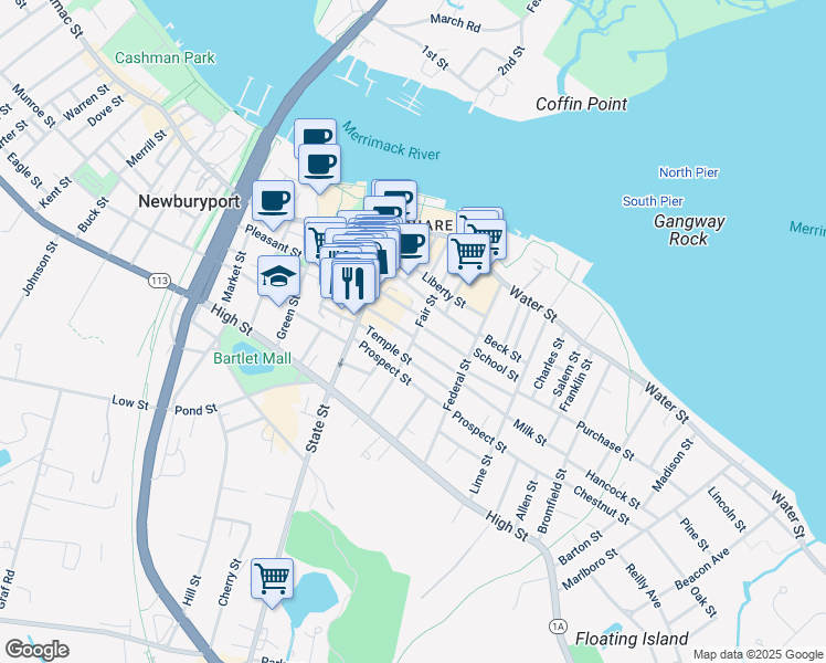 map of restaurants, bars, coffee shops, grocery stores, and more near 25 Temple Street in Newburyport