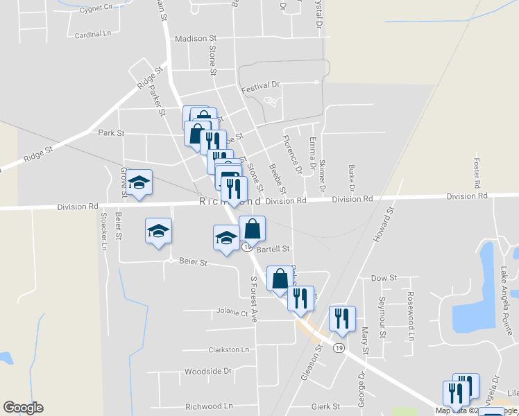 map of restaurants, bars, coffee shops, grocery stores, and more near 36024 Division Road in Richmond