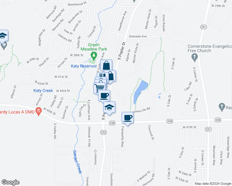 map of restaurants, bars, coffee shops, grocery stores, and more near 1261 Boulder Drive in Casper