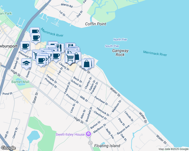map of restaurants, bars, coffee shops, grocery stores, and more near 163 Water Street in Newburyport