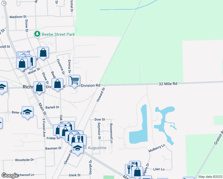 map of restaurants, bars, coffee shops, grocery stores, and more near 36984 Division Road in Richmond