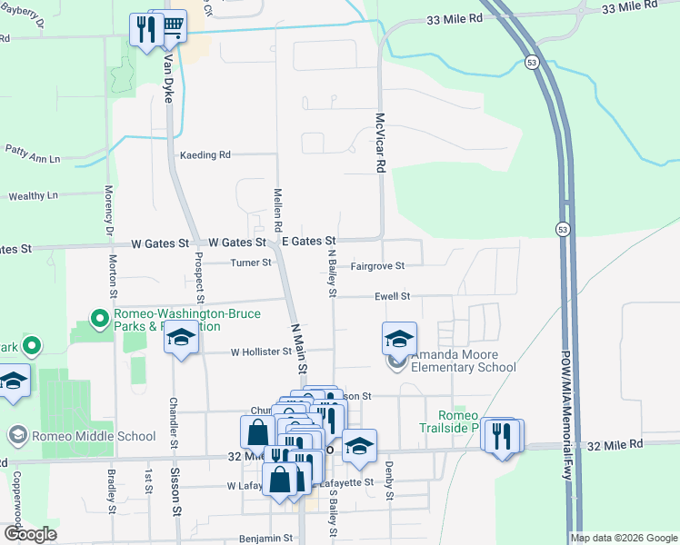 map of restaurants, bars, coffee shops, grocery stores, and more near 410 North Bailey Street in Romeo