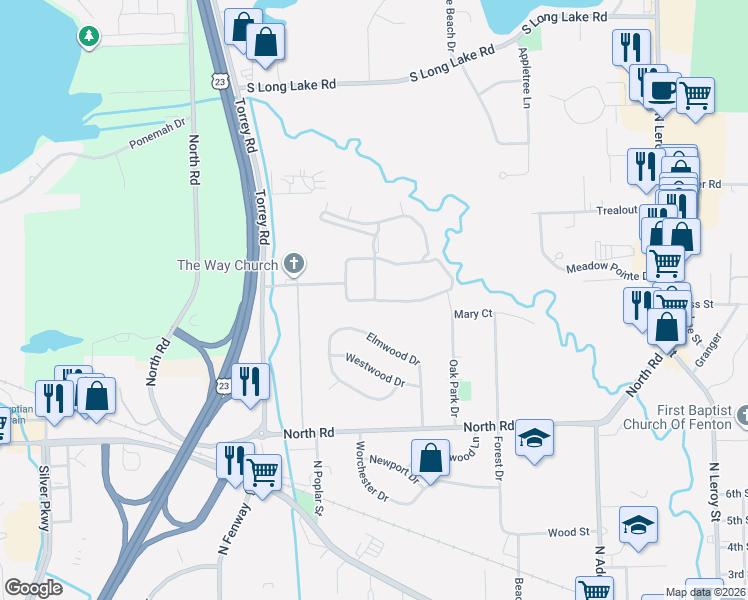 map of restaurants, bars, coffee shops, grocery stores, and more near 752 Elmwood Drive in Fenton