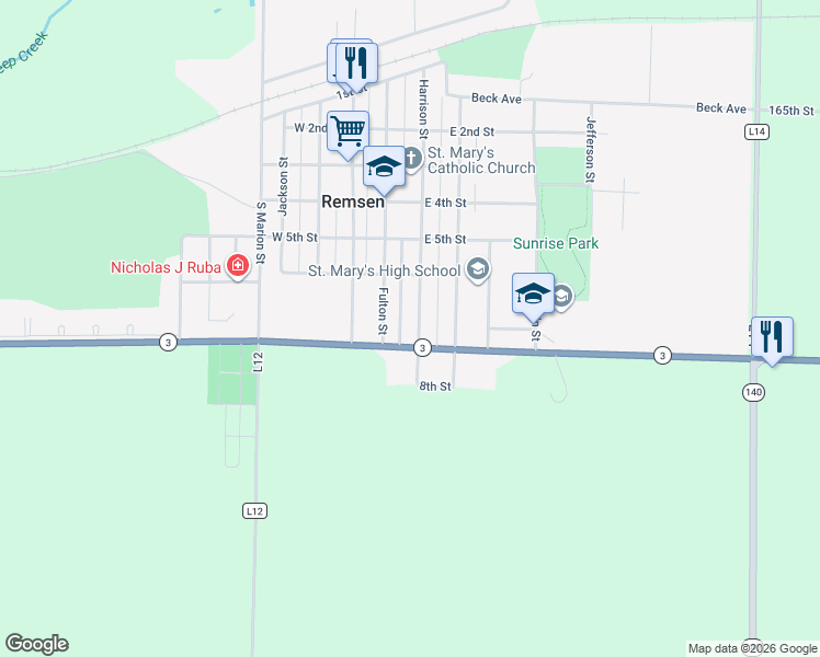 map of restaurants, bars, coffee shops, grocery stores, and more near 43467-43513 Highway 3 in Remsen