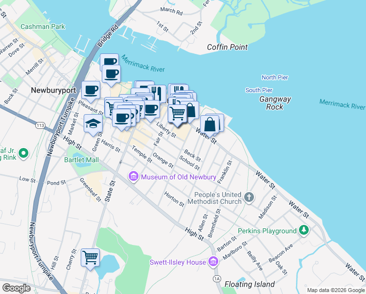 map of restaurants, bars, coffee shops, grocery stores, and more near 29 Federal Street in Newburyport