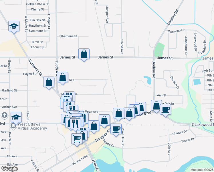map of restaurants, bars, coffee shops, grocery stores, and more near 367 Timbertrail Drive in Holland