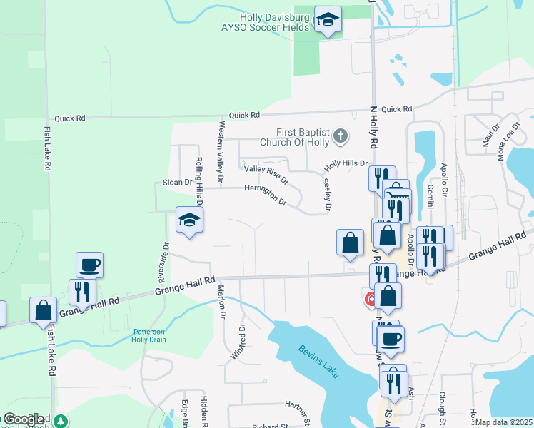 map of restaurants, bars, coffee shops, grocery stores, and more near 3325 Grange Hall Road in Holly