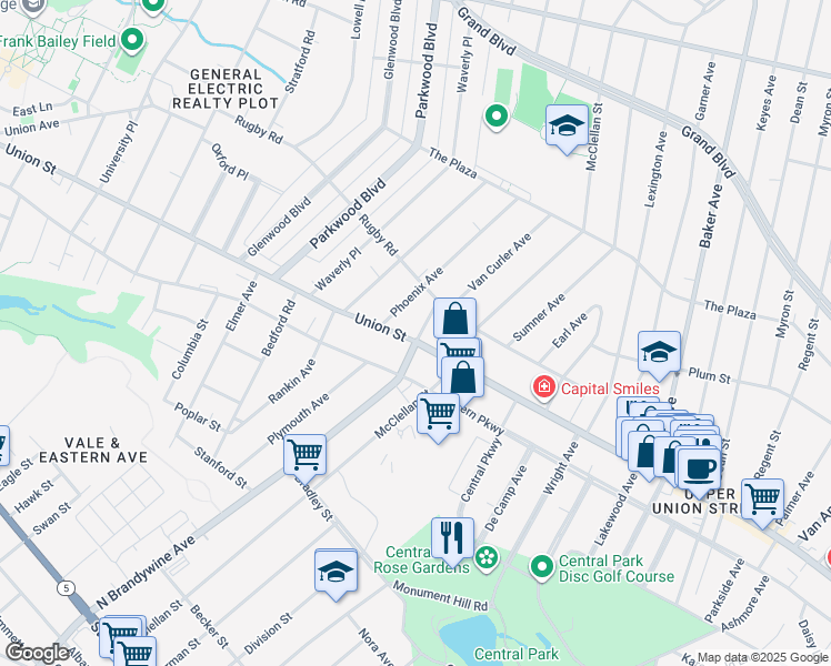 map of restaurants, bars, coffee shops, grocery stores, and more near 1407 Union Street in Schenectady