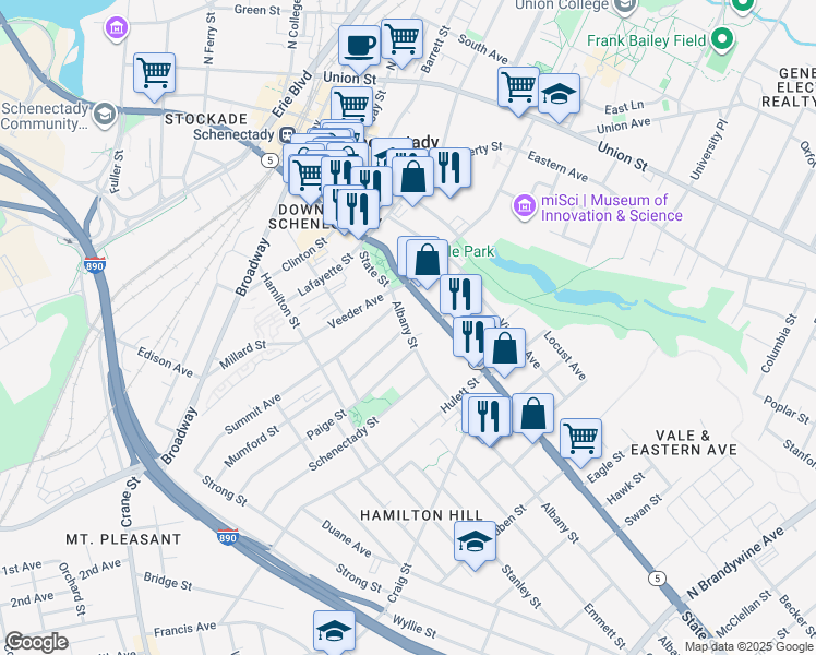 map of restaurants, bars, coffee shops, grocery stores, and more near 738 Albany Street in Schenectady