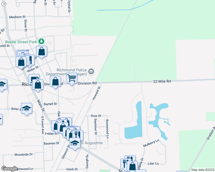 map of restaurants, bars, coffee shops, grocery stores, and more near 36984 Division Road in Richmond