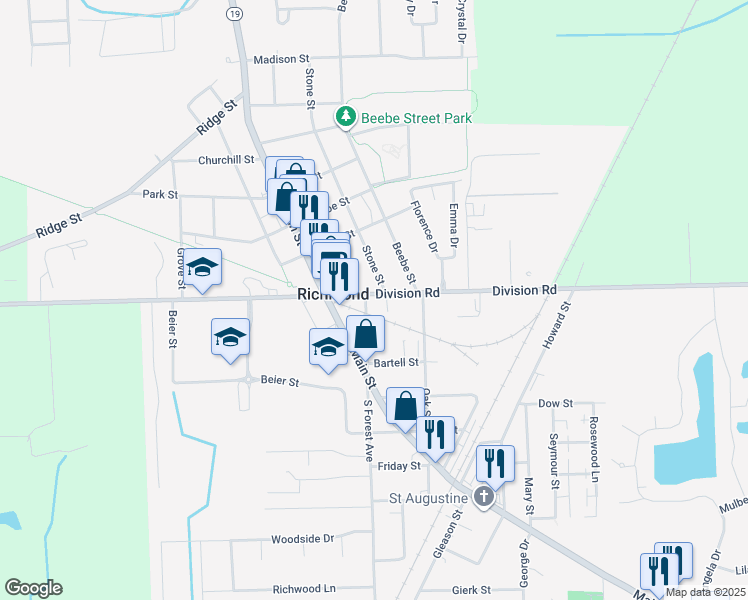 map of restaurants, bars, coffee shops, grocery stores, and more near 36040 Division Road in Richmond
